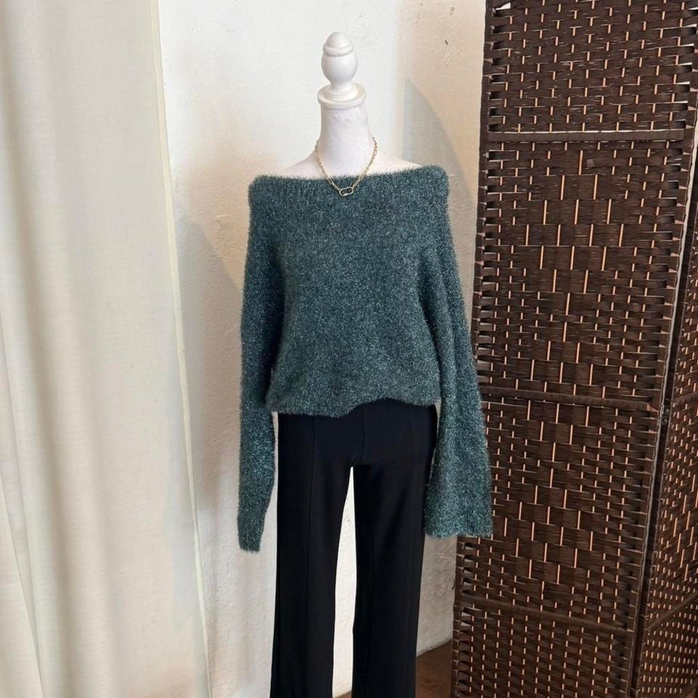 VINCE Metallic Fuzzy Knit Sweater Blue Silver Shimmer Pullover Size Medium